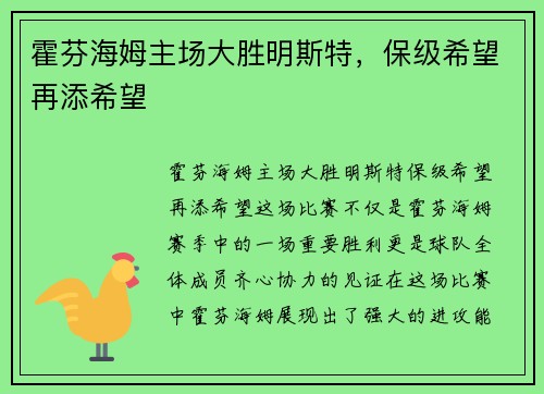 霍芬海姆主场大胜明斯特，保级希望再添希望